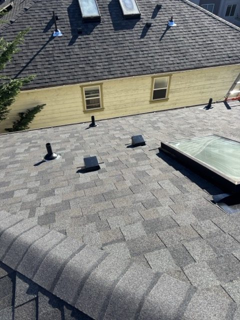 Completed architectural shingle roof with skylights
